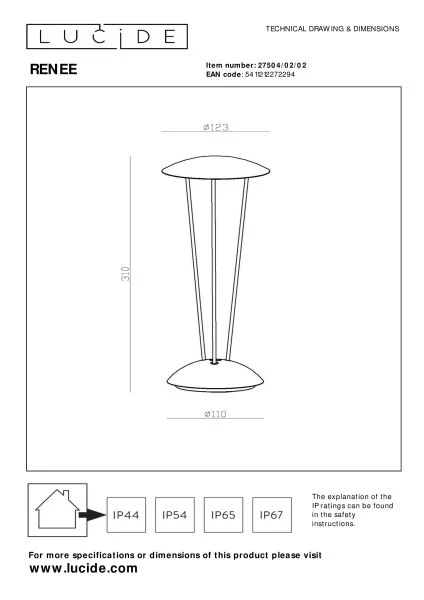 Lucide RENEE - Lámpara de mesa Recargable Dentro/Fuera - Batería/acumulador - Ø 12,3 cm - LED Dim to warm - 1x2,2W 2700K/3000K - IP54 - Con estación de carga inalámbrica - Oro mate / Latón - técnico